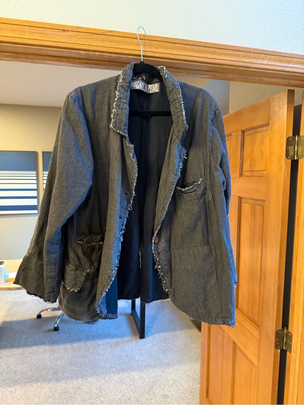 Magnolia Pearl Black Frayed-Edge Linen Blend Blazer